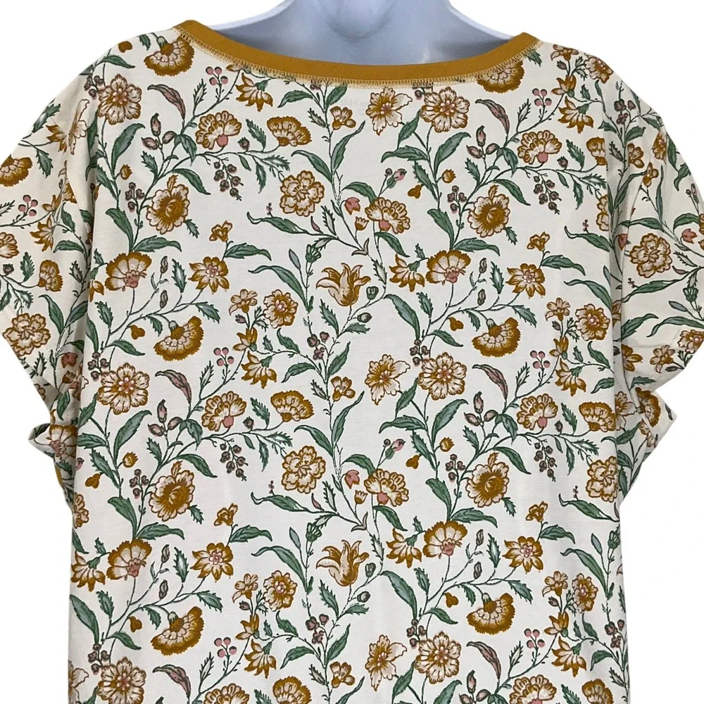 Garnet Hill Floral Wrap Neck Top Women's XL Cream Mustard‎ Yellow Organic Cotton